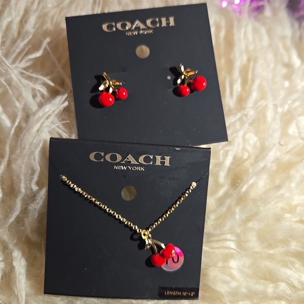Coach Gold Cherry Earring And Necklace Set